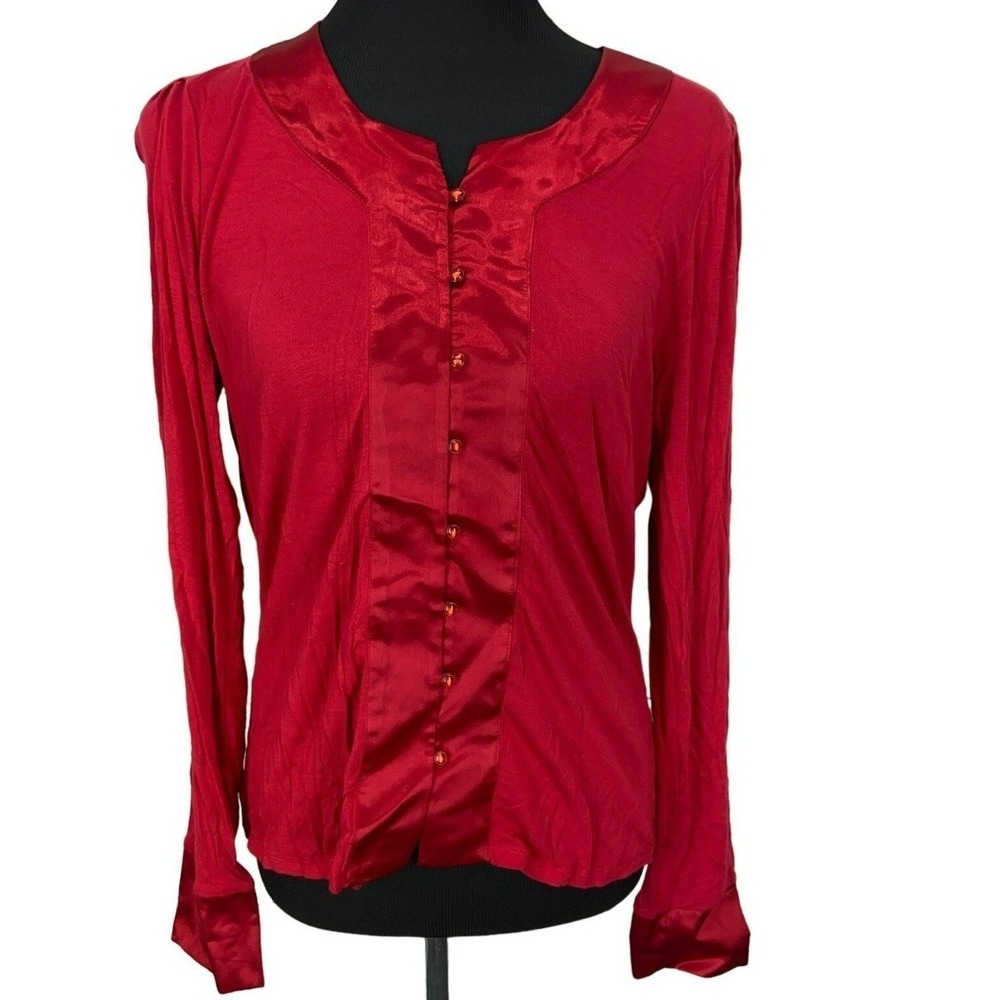 Maxime Red Long Sleeve Button Up Satin Trim Mixed Media Blouse Large